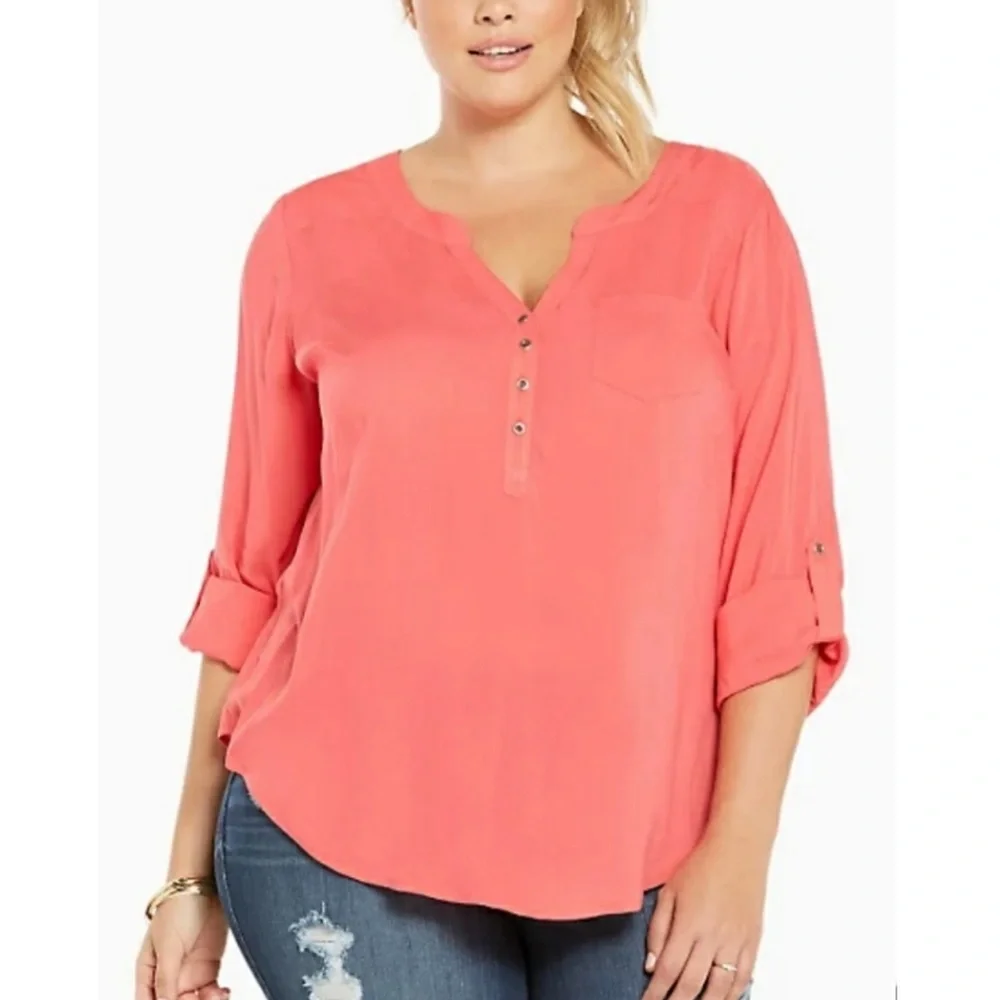 TORRID 2 Plus Size Challis Pullover Top Coral Pink Red ish Roll Tab Long Sleeve